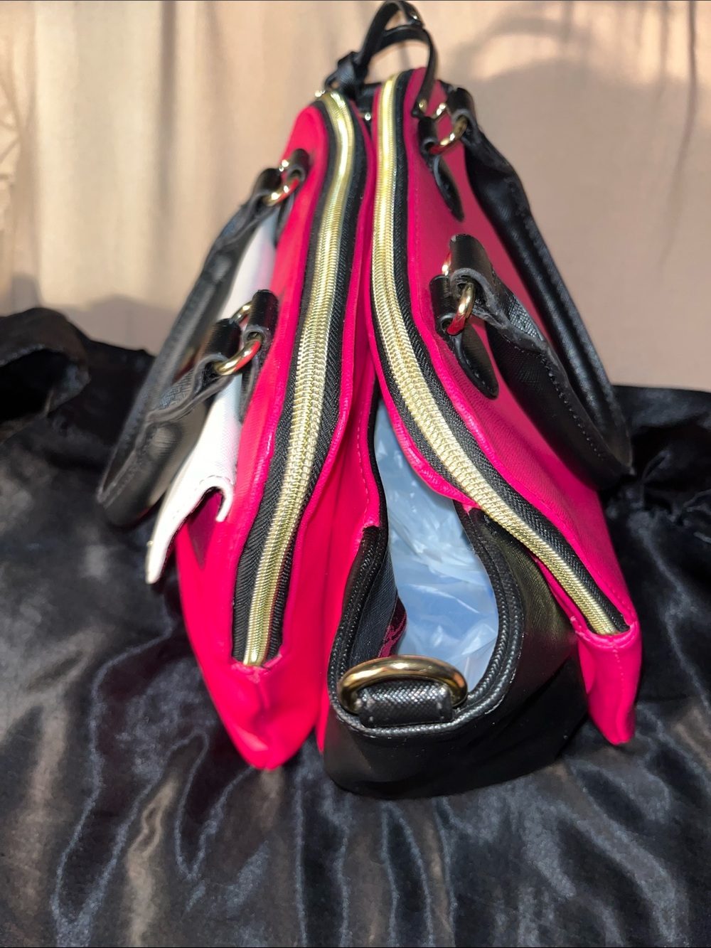 Betsey Johnson Hot Pink, White & Black Satchel with Gold Accents - Picture 4 of 6